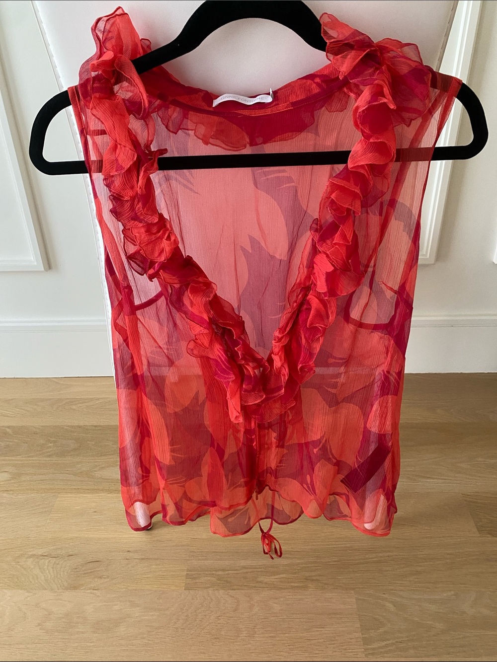 Anne Fontaine Red Floral Sheer Ruffled V-Neck Top